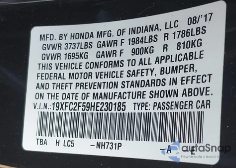 2017 Honda Civic Lx z USA, uszkodzony, nr VIN 19XFC2F59HE230185